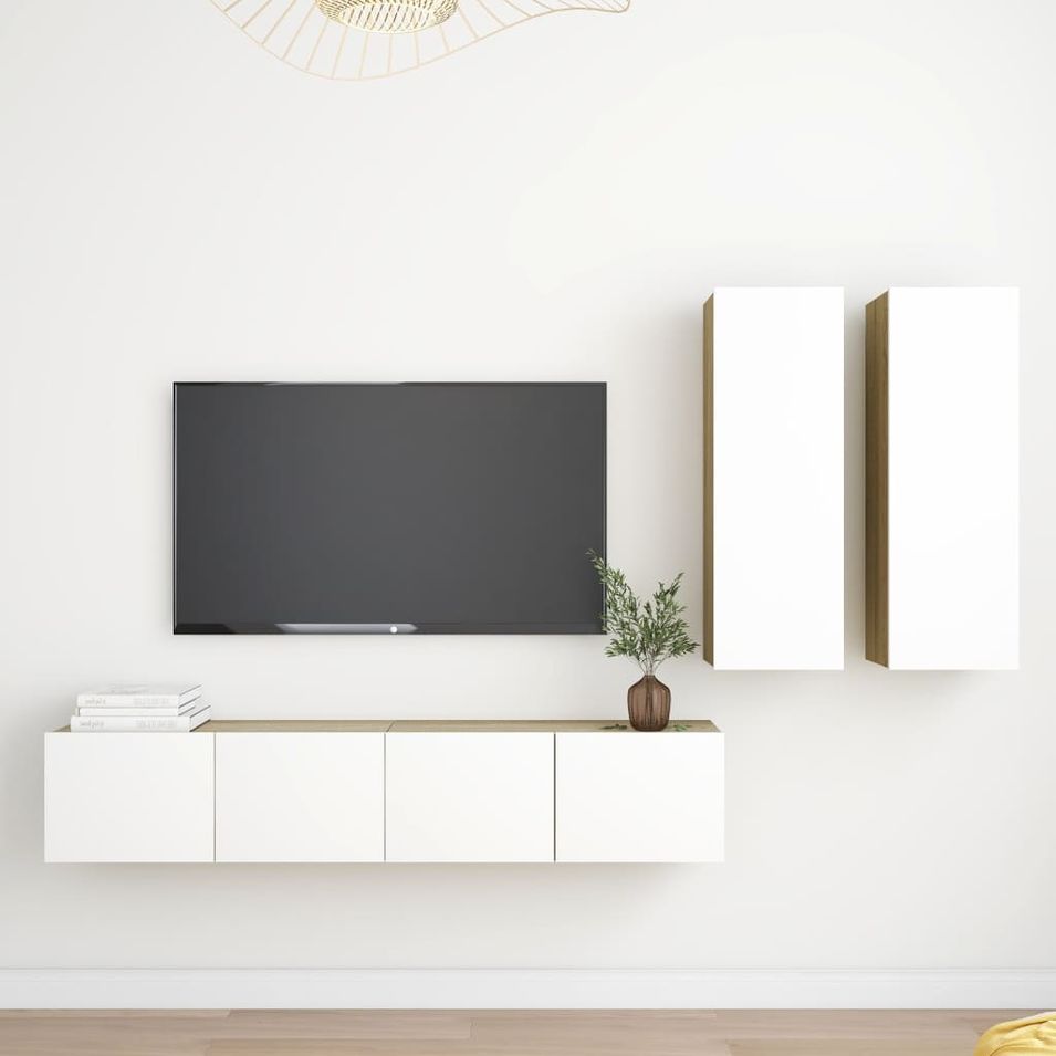 Ensemble de meubles TV 4 pcs Blanc et chêne sonoma 5 - Photo n°1