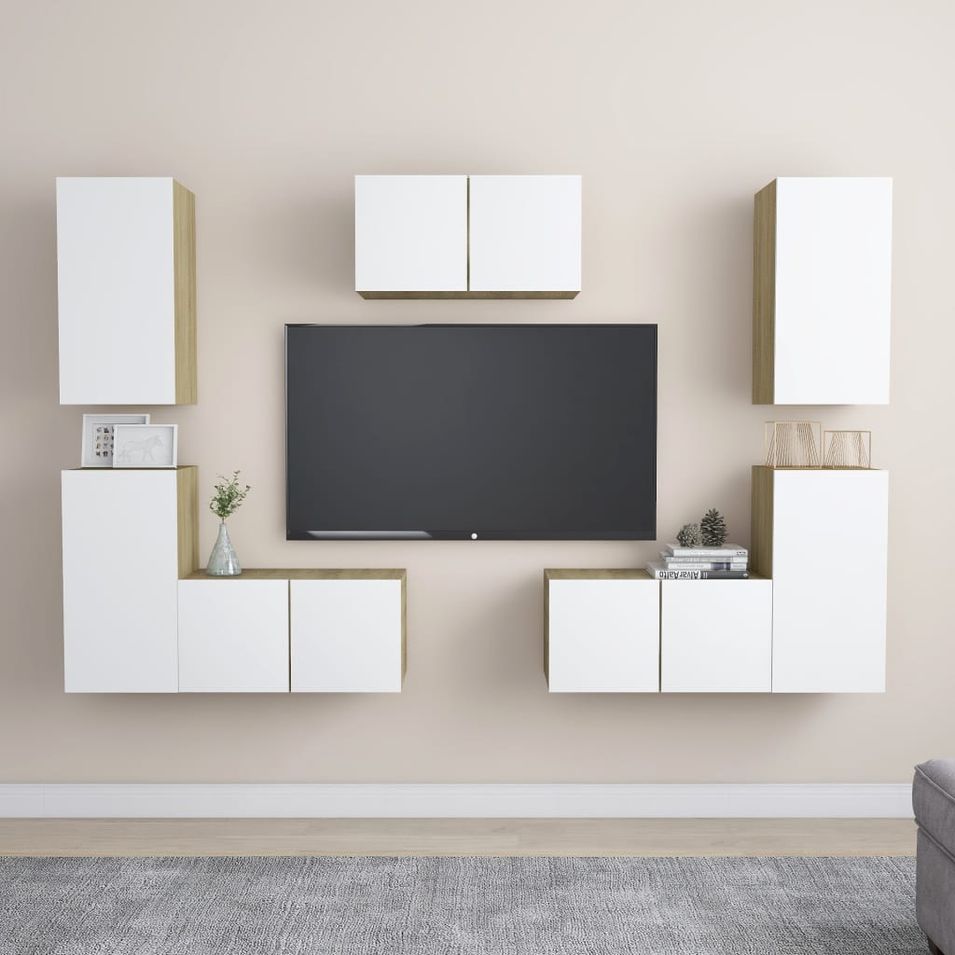 Ensemble de meubles TV 7 pcs Blanc et chêne sonoma - Photo n°1