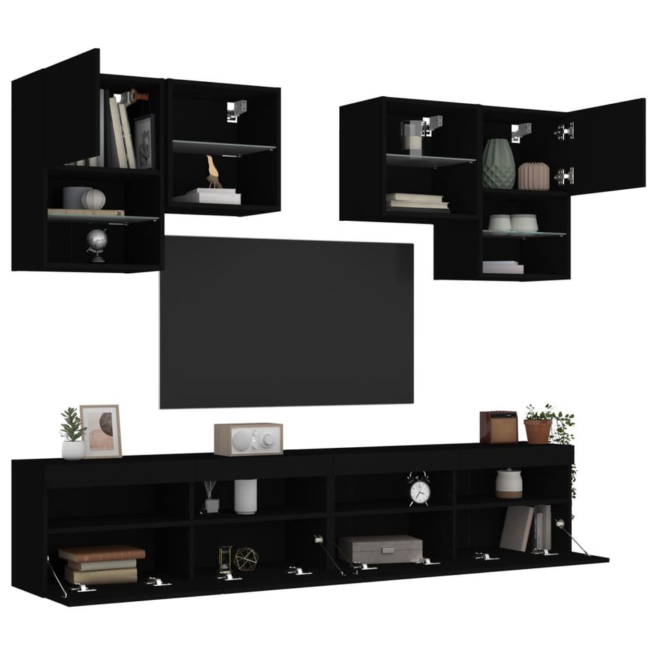 Ensemble de meubles TV muraux 6 pcs avec lumières LED noir - Photo n°1