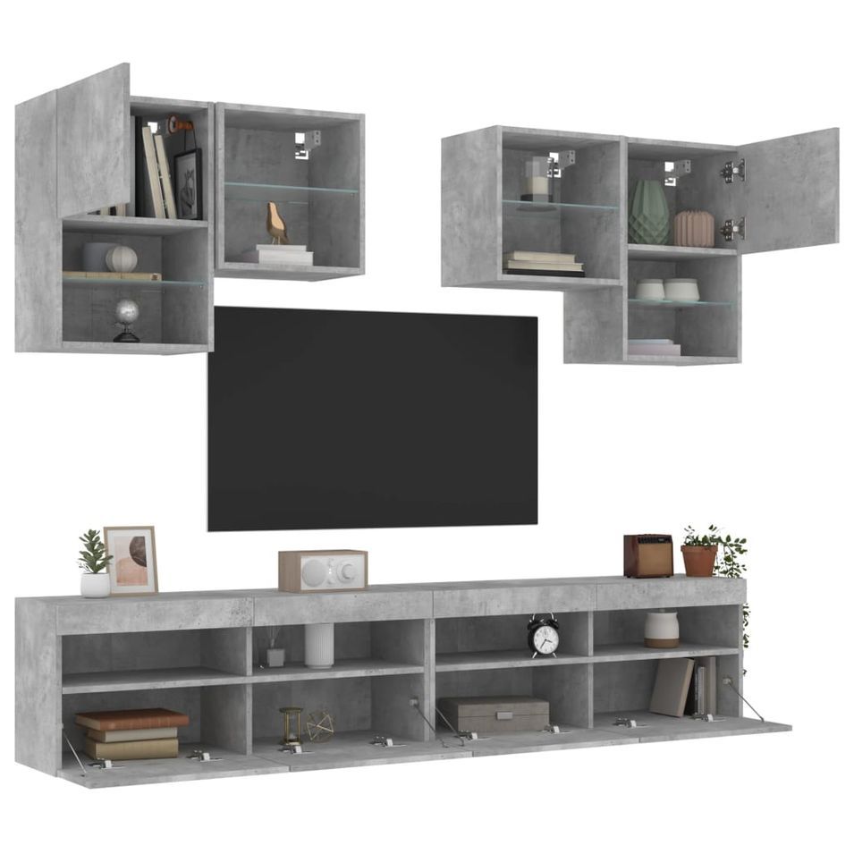 Ensemble de meubles TV muraux 6pcs et lumières LED gris béton - Photo n°1