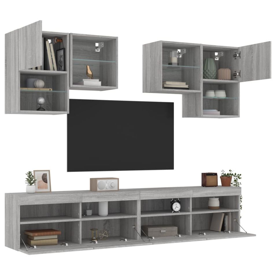 Ensemble de meubles TV muraux 6pcs et lumières LED sonoma gris - Photo n°1
