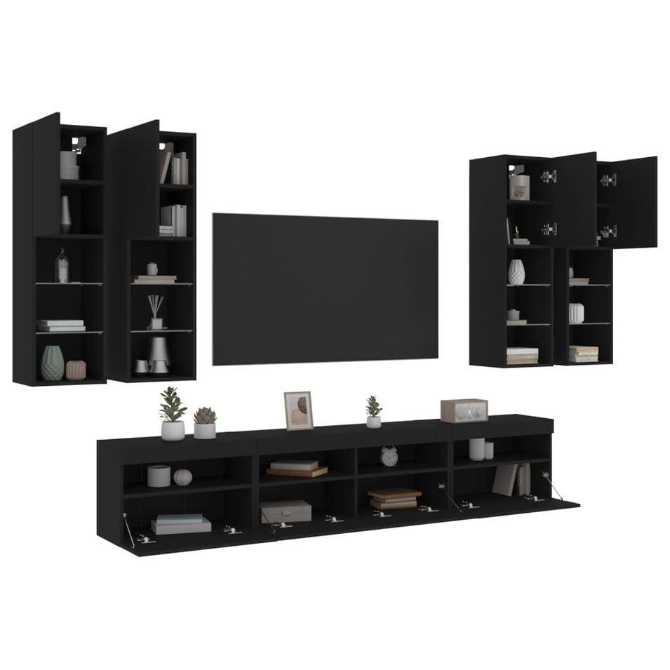 Ensemble de meubles TV muraux 7 pcs avec lumières LED noir - Photo n°1