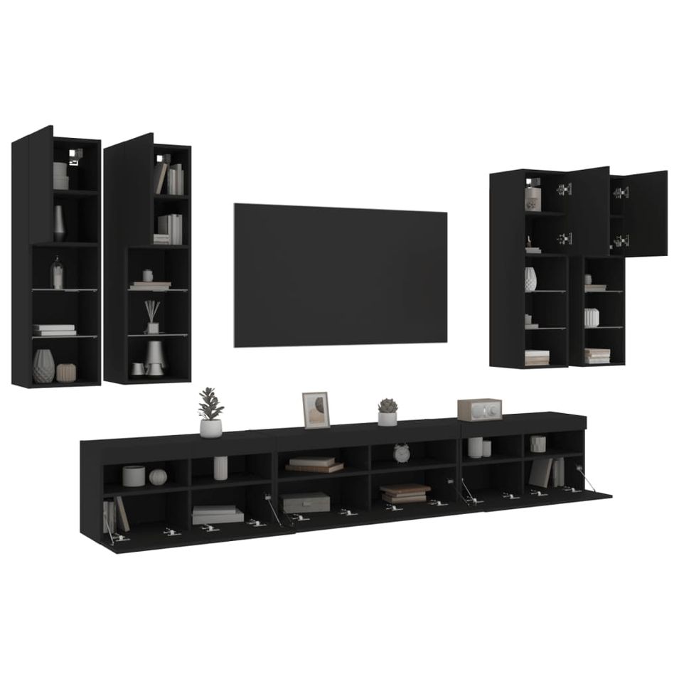 Ensemble de meubles TV muraux 7 pcs avec lumières LED noir - Photo n°1