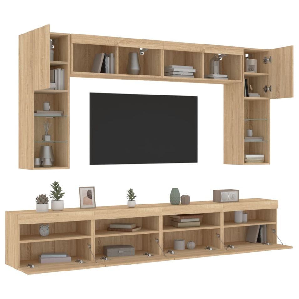 Ensemble de meubles TV muraux 8pcs et lumières LED chêne sonoma - Photo n°1