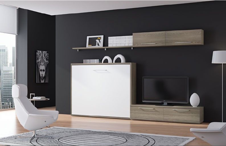 Ensemble lit escamotable 140x190 cm et meubles de salon Bima - Photo n°1