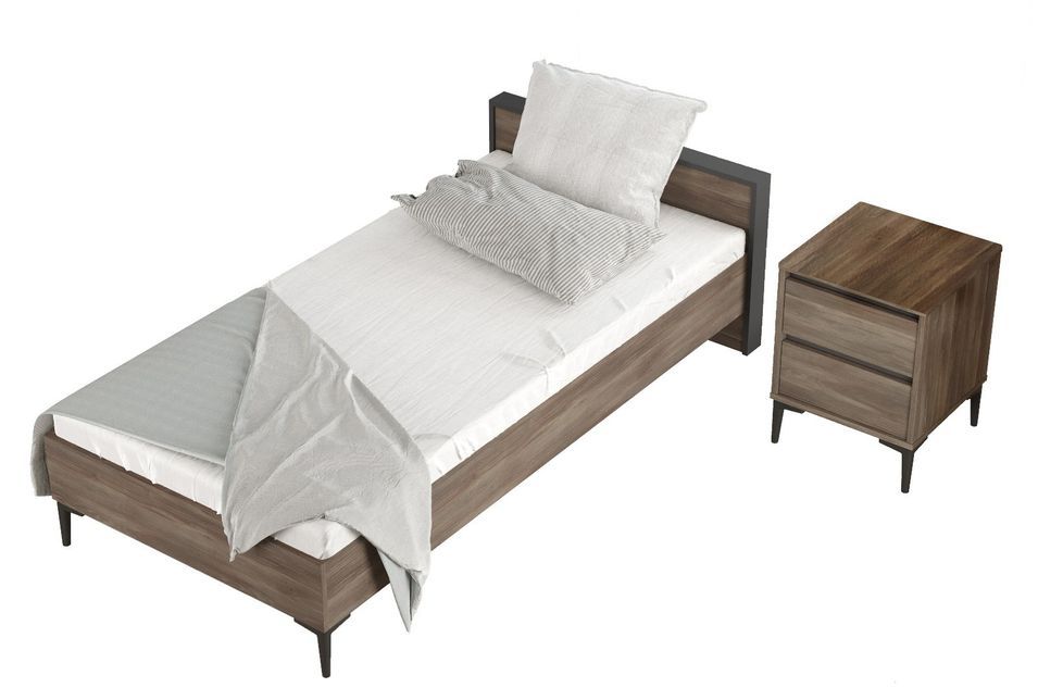 Ensemble lit simple 90x200 cm et table de chevet bois marron et anthracite Luka - Photo n°1