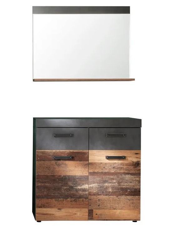 Ensemble meuble d'entrée 2 pièces chêne foncé et gris avec miroir Orcel - Photo n°1