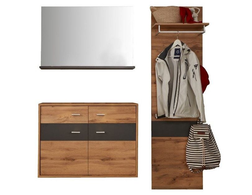 Ensemble meuble d'entrée 3 pièces chêne clair et gris avec miroir Cals - Photo n°1