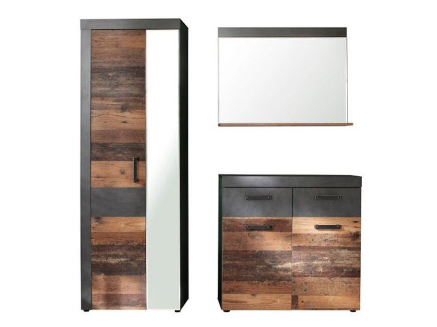 Ensemble meuble d'entrée 3 pièces chêne foncé et gris avec miroir Orcel - Photo n°1