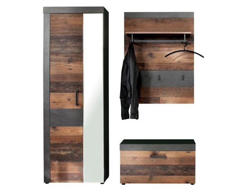 Ensemble meuble d'entrée 3 pièces mélaminé chêne foncé et gris Orcel - Photo n°1