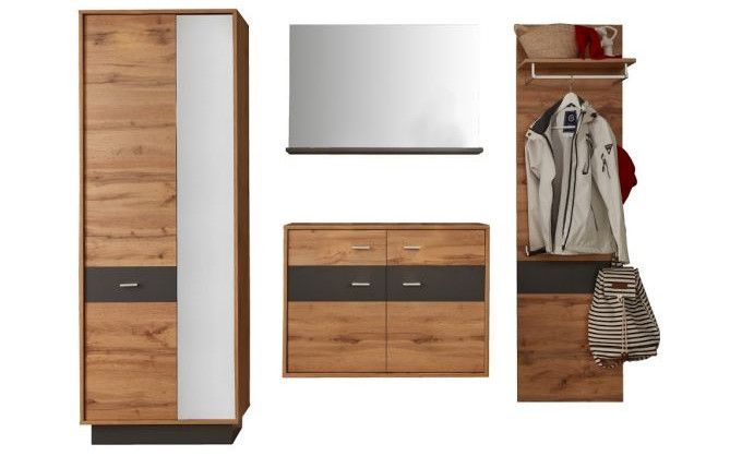 Ensemble meuble d'entrée 4 pièces chêne clair et gris avec miroir Cals - Photo n°1