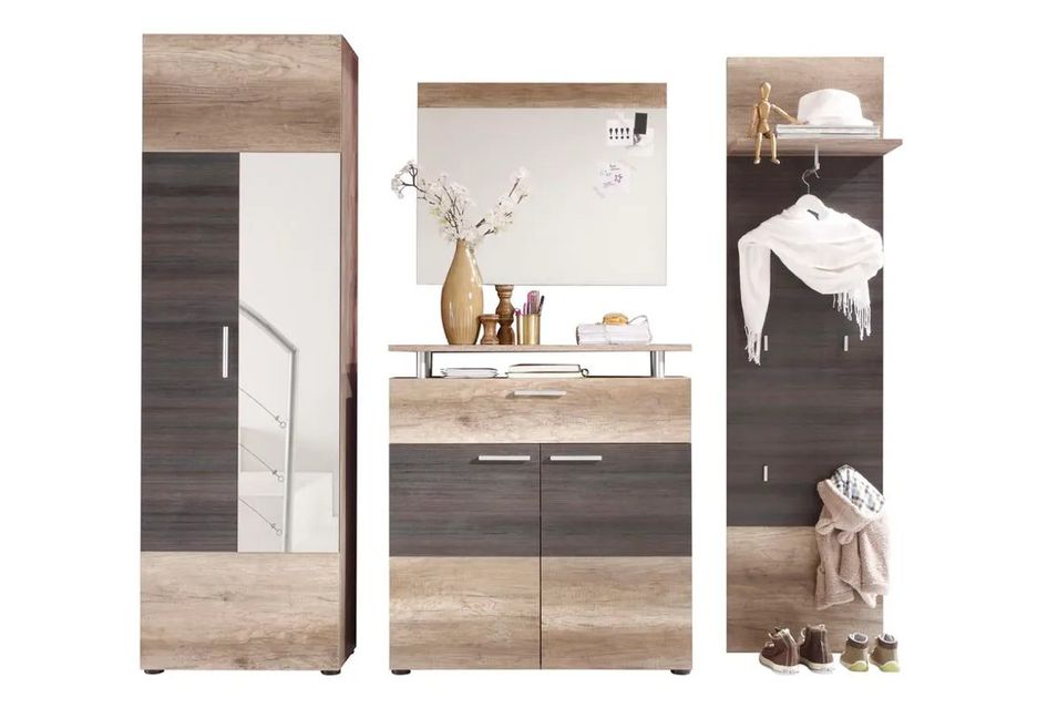 Ensemble meuble d'entrée 4 pièces mélaminé chêne clair et foncé Ylias - Photo n°1