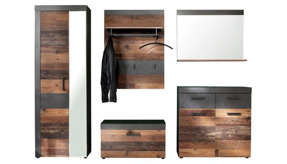 Ensemble meuble d'entrée 5 pièces mélaminé chêne foncé et gris Orcel - Photo n°1