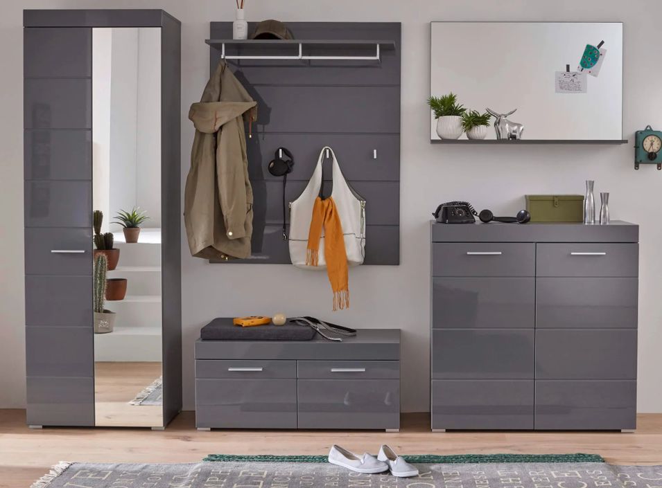 Ensemble meuble d'entrée avec miroir 5 pièces laqué gris Kelia - Photo n°1