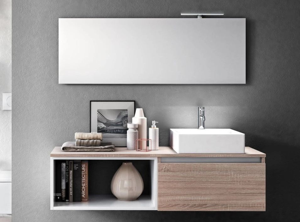 Ensemble meuble de salle de bain 1 tiroir bois clair avec étagère et miroir à LED Teph L 140 cm - Photo n°1