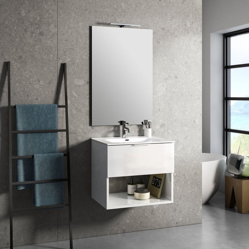 Ensemble meuble de salle de bain 1 tiroir laqué blanc brillant et miroir lumineux Noe L 60 cm - Photo n°1