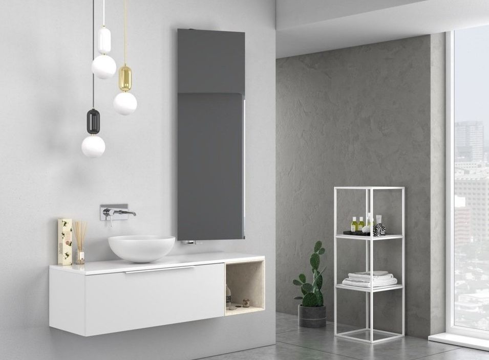 Ensemble meuble de salle de bain 1 tiroir laqué blanc et miroir Catan L 135 cm - Photo n°1