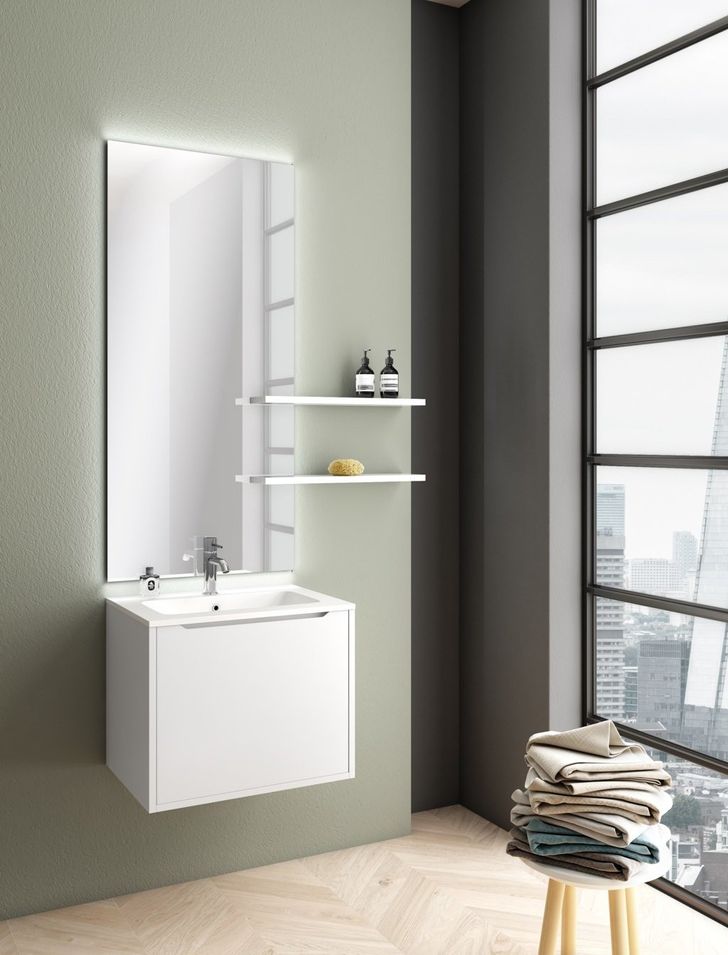 Ensemble meuble de salle de bain 1 tiroir laqué blanc mat avec miroir lumineux et 2 étagères Selb L 60 cm - Photo n°1