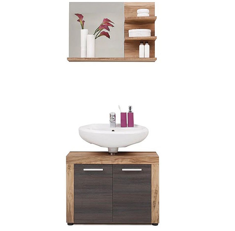 Ensemble meuble de salle de bain 2 pièces chêne clair et noyer Cali - Photo n°1