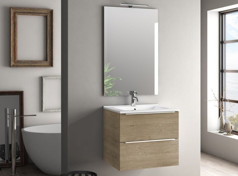 Ensemble meuble de salle de bain 2 tiroirs bois chêne clair et miroir lumineux Malo L 60 cm - Photo n°1
