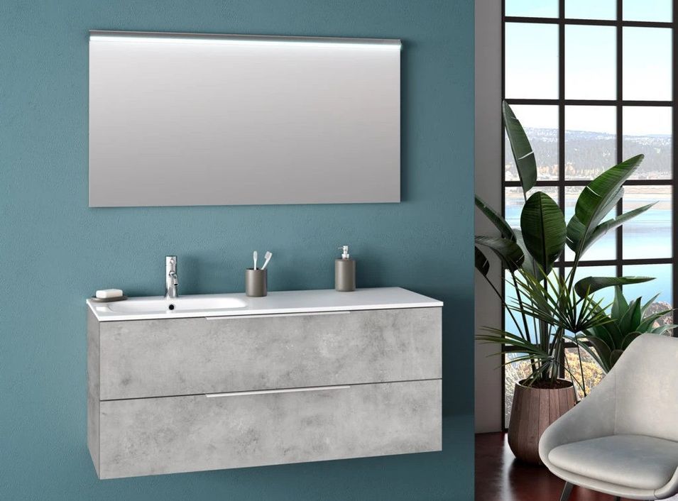 Ensemble meuble de salle de bain 2 tiroirs effet béton et miroir à LED Mola L 120 cm - Photo n°1