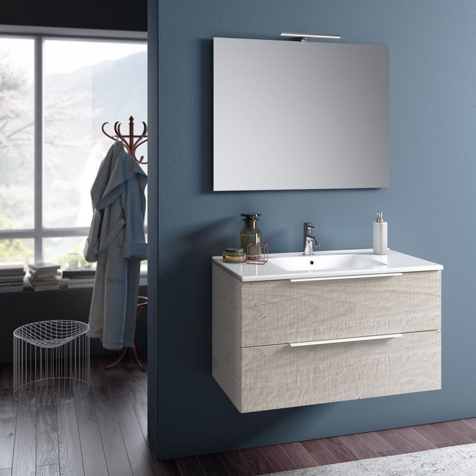 Ensemble meuble de salle de bain 2 tiroirs gris clair et miroir à LED Mola L 90 cm - Photo n°1