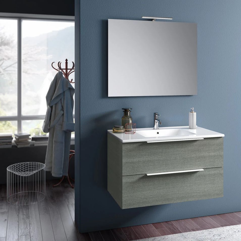 Ensemble meuble de salle de bain 2 tiroirs gris et miroir à LED Mola L 100 cm - Photo n°1