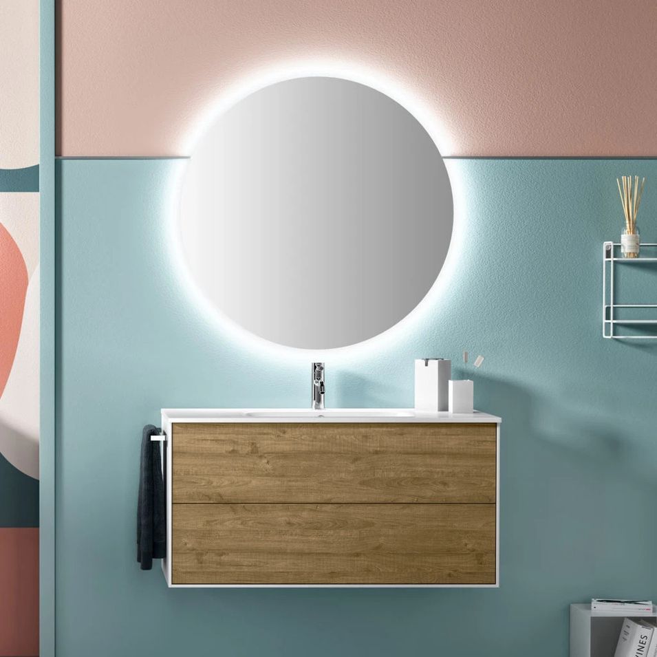 Ensemble meuble de salle de bain 2 tiroirs laqué blanc et chêne et miroir lumineux Lago L 100 cm 2 - Photo n°1