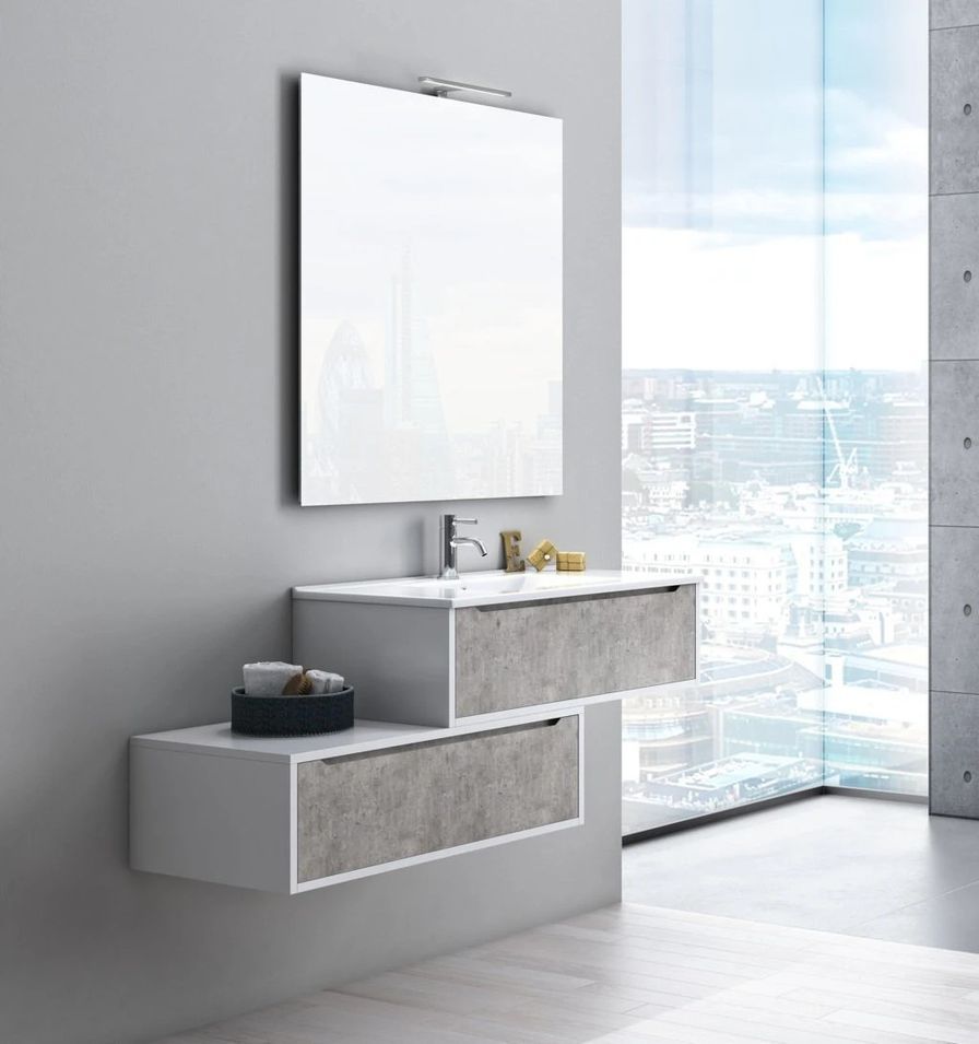 Ensemble meuble de salle de bain 2 tiroirs laqué blanc et effet béton et miroir à LED Selb L 140 cm - Photo n°1