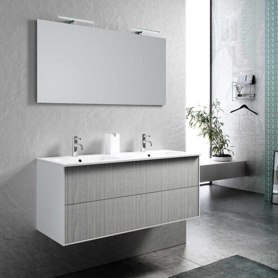 Ensemble meuble de salle de bain 2 tiroirs laqué blanc et gris double vasque et miroir à LED Oga L 120 cm - Photo n°1