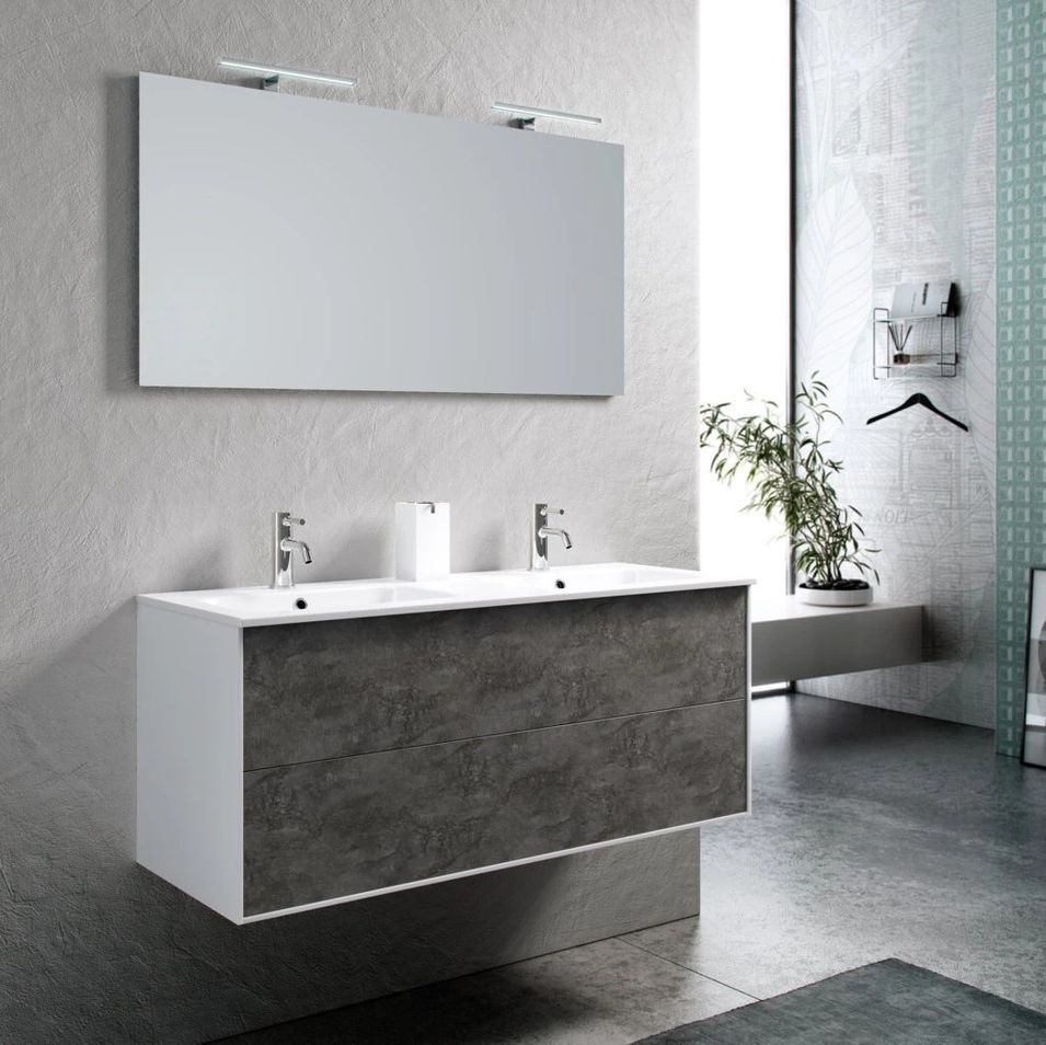 Ensemble meuble de salle de bain 2 tiroirs laqué blanc et gris oxyde double vasque et miroir à LED Oga L 120 cm - Photo n°1