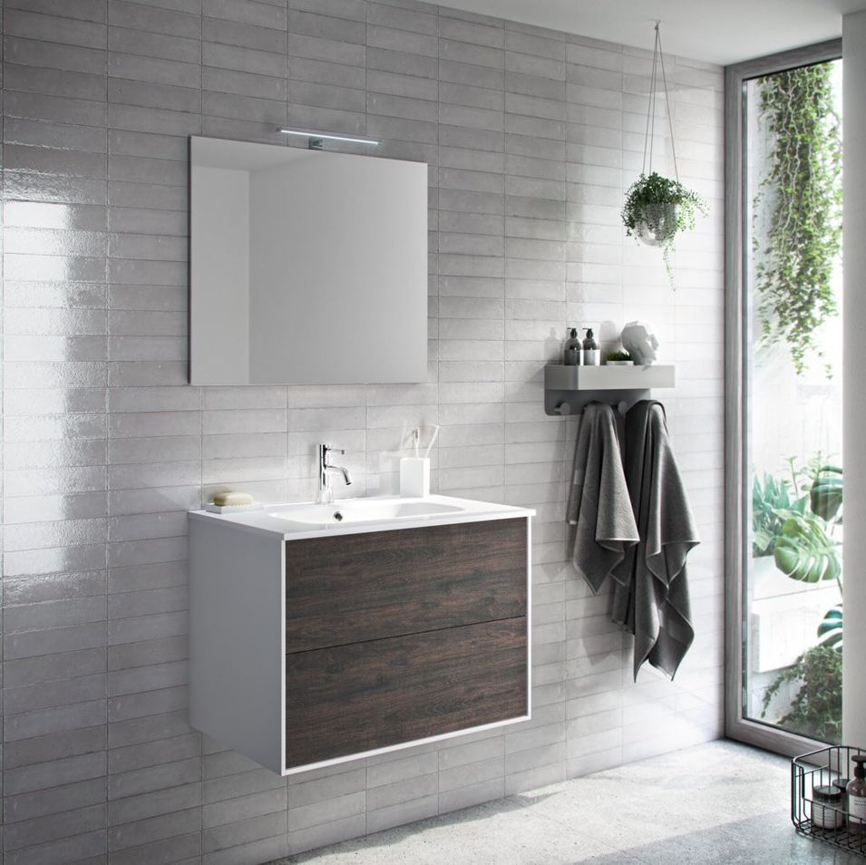Ensemble meuble de salle de bain 2 tiroirs laqué blanc et marron et miroir lumineux Lago L 60 cm - Photo n°1