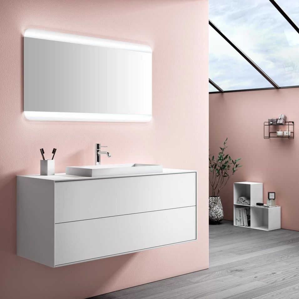 Ensemble meuble de salle de bain 2 tiroirs laqué blanc et miroir lumineux Lago L 120 cm 2 - Photo n°1