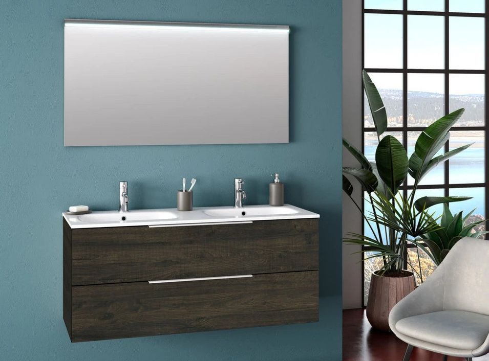 Ensemble meuble de salle de bain 2 tiroirs marron double vasque et miroir lumineux Molam L 120 cm - Photo n°1