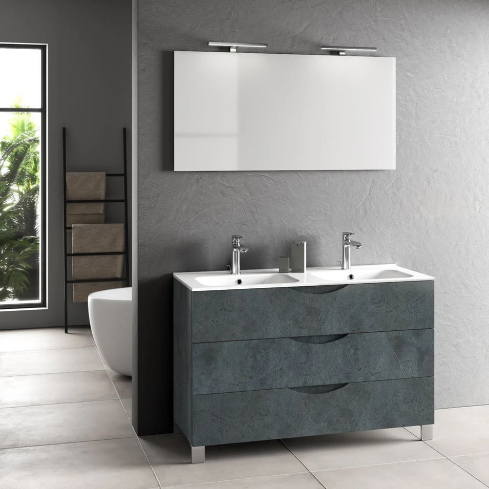Ensemble meuble de salle de bain 3 tiroirs bleu effet pierre double vasque et miroir à LED Olo L 120 cm - Photo n°1