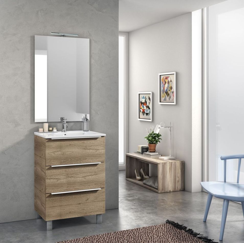 Ensemble meuble de salle de bain 3 tiroirs bois chêne clair et miroir lumineux Malo L 60 cm - Photo n°1