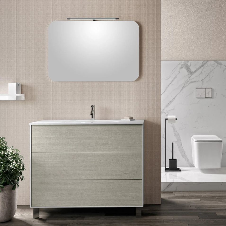Ensemble meuble de salle de bain 3 tiroirs laqué blanc et beige et miroir à LED Oga L 100 cm - Photo n°1