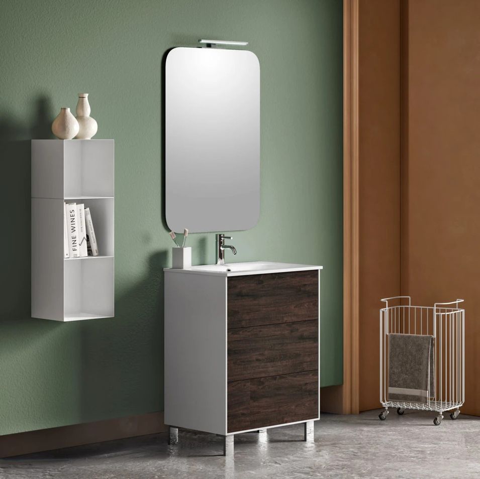 Ensemble meuble de salle de bain 3 tiroirs laqué blanc et marron et miroir lumineux Lago L 60 cm - Photo n°1