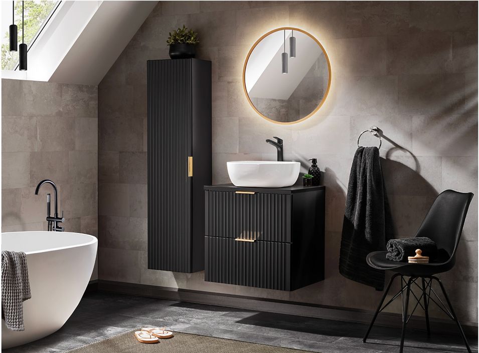 Ensemble meuble de salle de bain ADEL noir 60 cm avec vasque à poser, colonne et miroir LED - Photo n°1