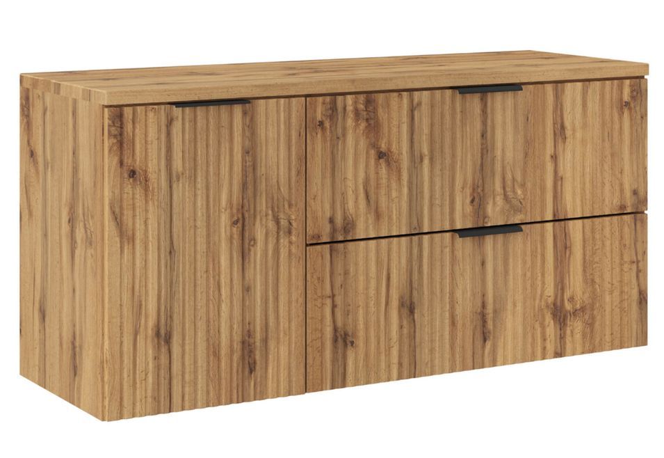 Ensemble meuble de salle de bain ADEL OAK 120 cm avec panier à linge intégré et plan de travail – Chêne Wotan - Photo n°1