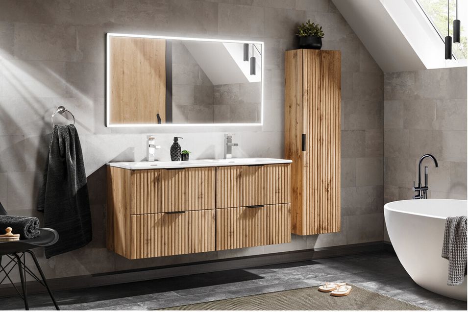 Ensemble meuble de salle de bain ADEL OAK SKY 120 cm avec double vasque, colonne, miroir LED et siphon – Chêne Wotan - Photo n°1