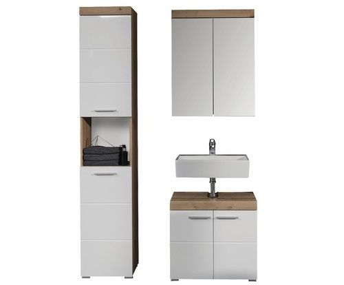 Ensemble meuble de salle de bain avec miroir 3 pièces laqué blanc chêne noueux Kelia - Photo n°1