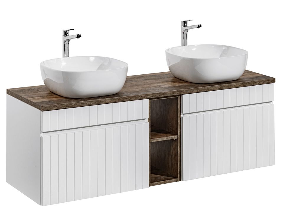 Ensemble meuble de salle de bain EMBLEMATIC 140 cm – Double vasque ronde en céramique – Blanc mat et chêne marron - Photo n°1