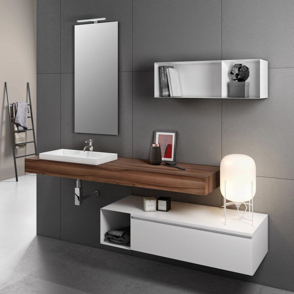 Ensemble meuble de salle de bain noyer avec étagère et miroir à LED Kyo L 165 cm - Photo n°1
