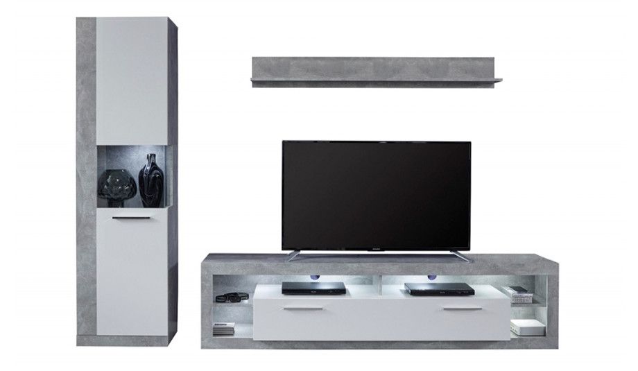 Ensemble meuble de séjour 3 pièces mélaminé blanc et gris Roska 270 cm - Photo n°1