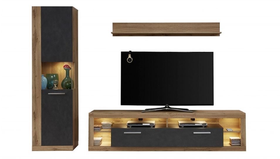 Ensemble meuble de séjour 3 pièces mélaminé chêne Wotan et gris Roska 270 cm - Photo n°1