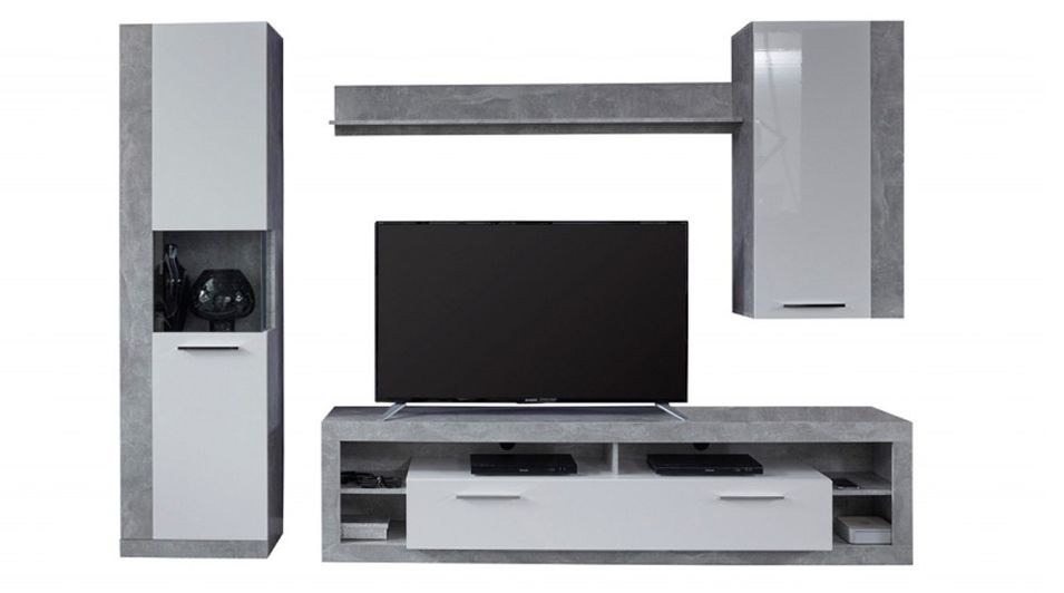 Ensemble meuble de séjour 4 pièces mélaminé blanc et gris Roska 270 cm - Photo n°1