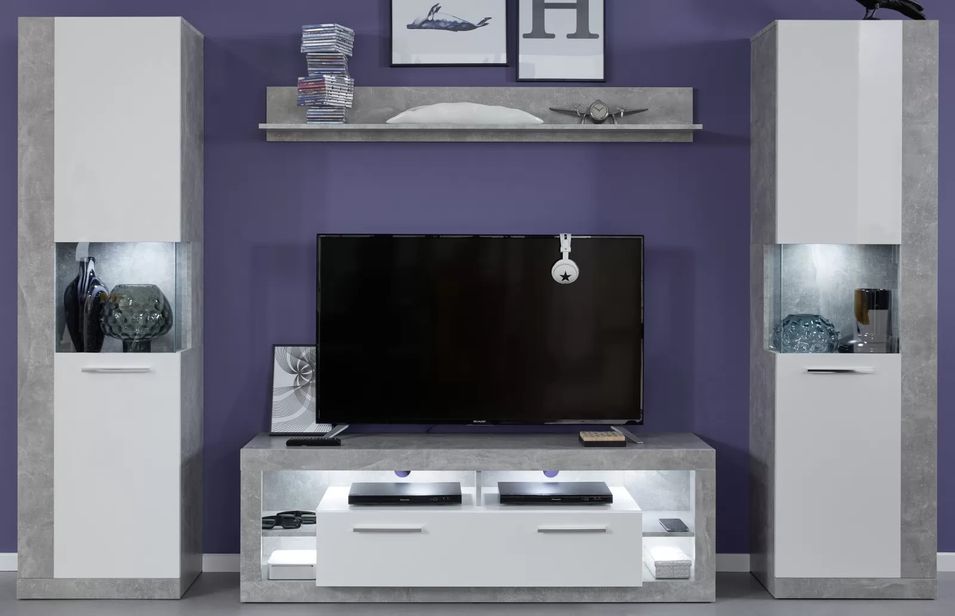 Ensemble meuble de séjour 4 pièces mélaminé blanc et gris Roska - Photo n°1