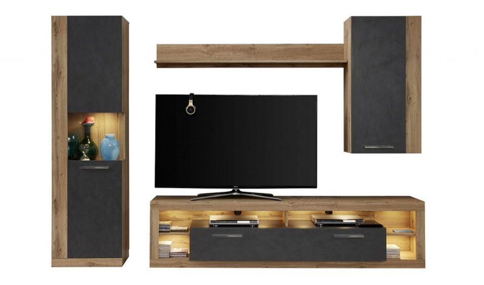 Ensemble meuble de séjour 4 pièces mélaminé chêne Wotan et gris Roska 270 cm - Photo n°1