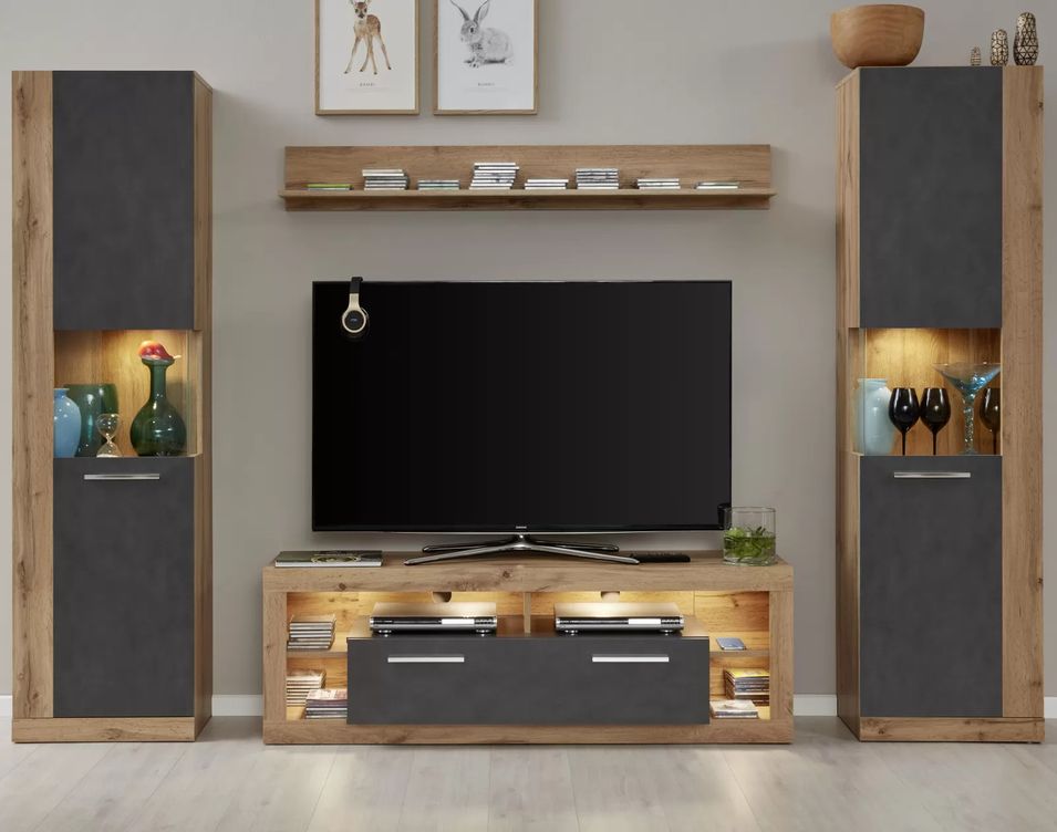 Ensemble meuble de séjour 4 pièces mélaminé chêne Wotan et gris Roska - Photo n°1